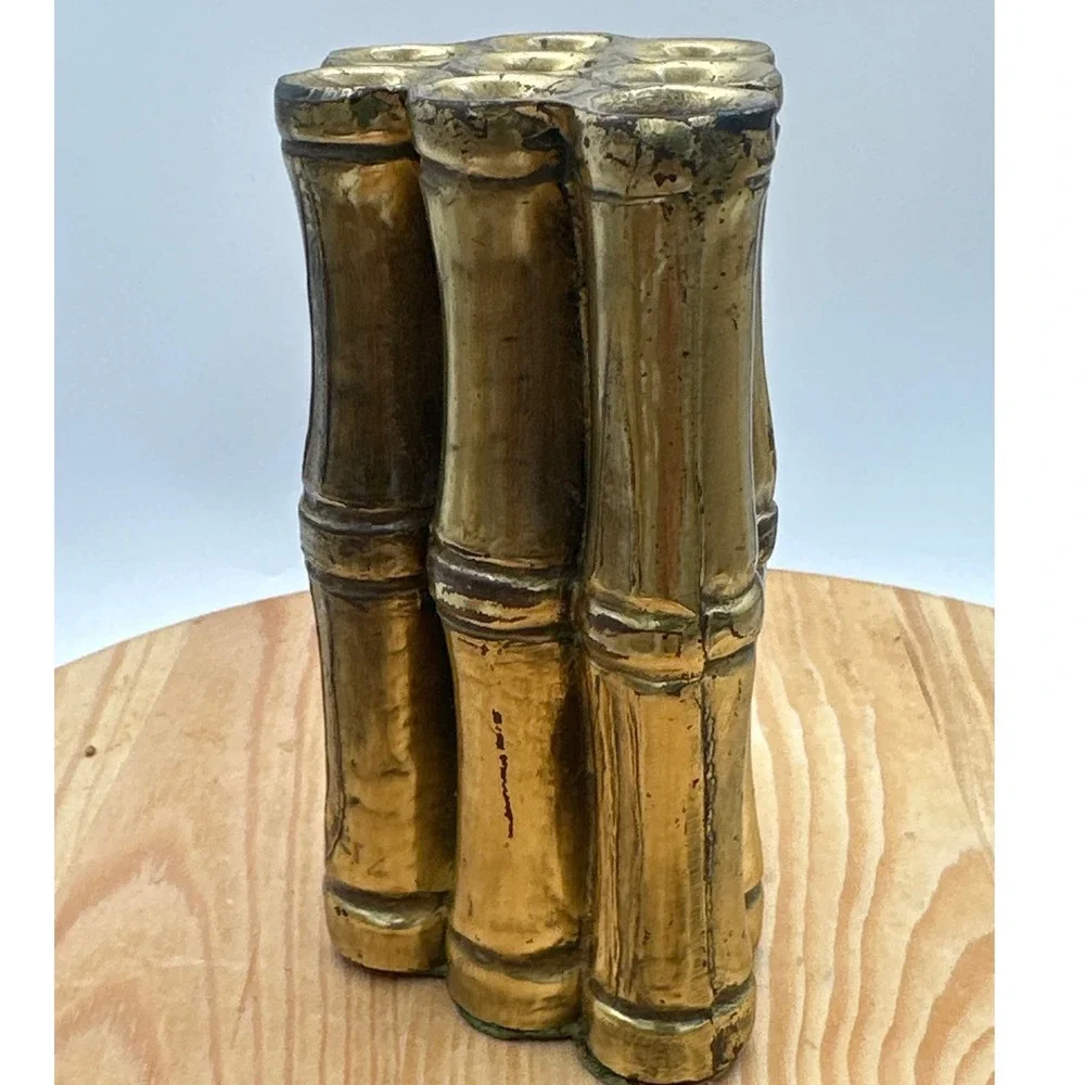 Hollywood Regency Mid-Century Brass Bamboo flower vase Brush Pot  objet d'art